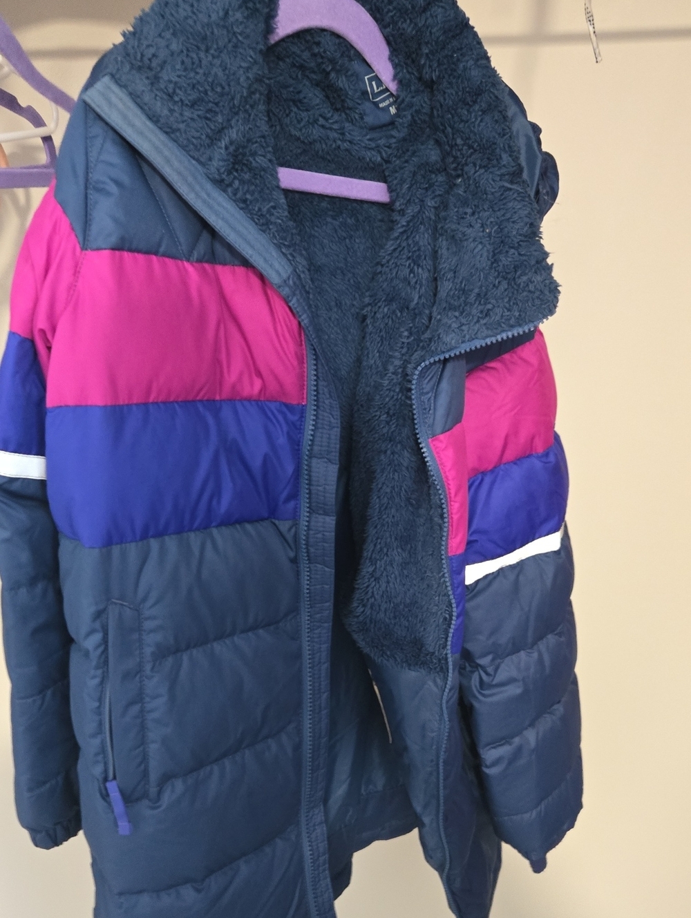 L.L. Bean Kids Navy, Pink & Purple Colorblock Puffer Jacket